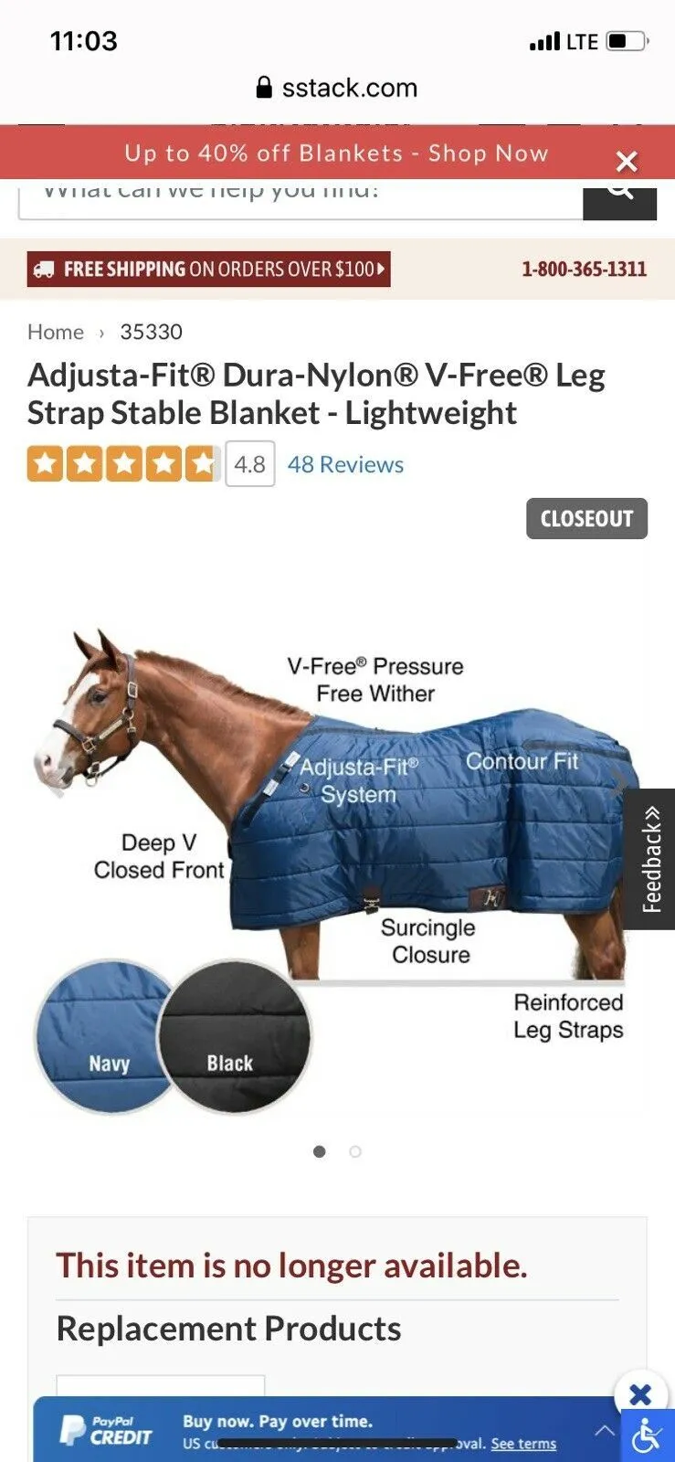 Schneider Adjusta-Fit Dura-Nylon Leg Strap Stable Blanket Lightweight Navy 80”