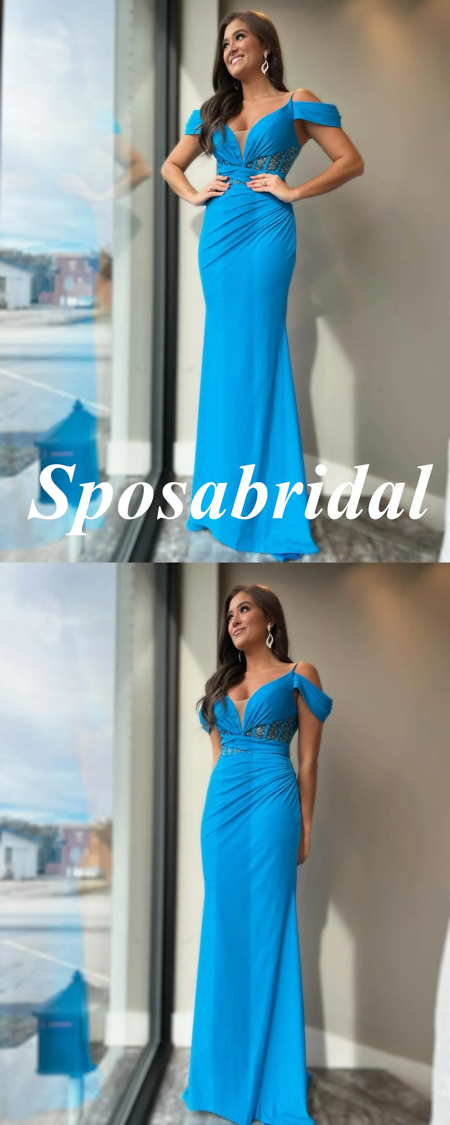 Sexy Blue Cold Shoulder V-Neck Sleeveless Mermaid Long Prom Dresses With Beading, PD3931