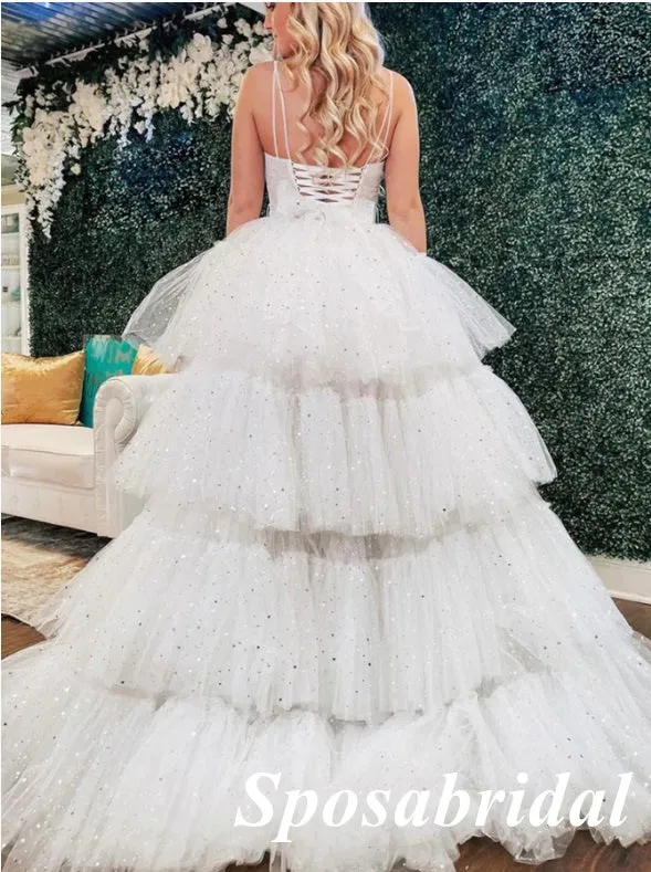 Sexy Tulle Spaghetti Straps V-Neck Sleeveless Lace Up Back A-Line Long Prom Dresses, PD3891