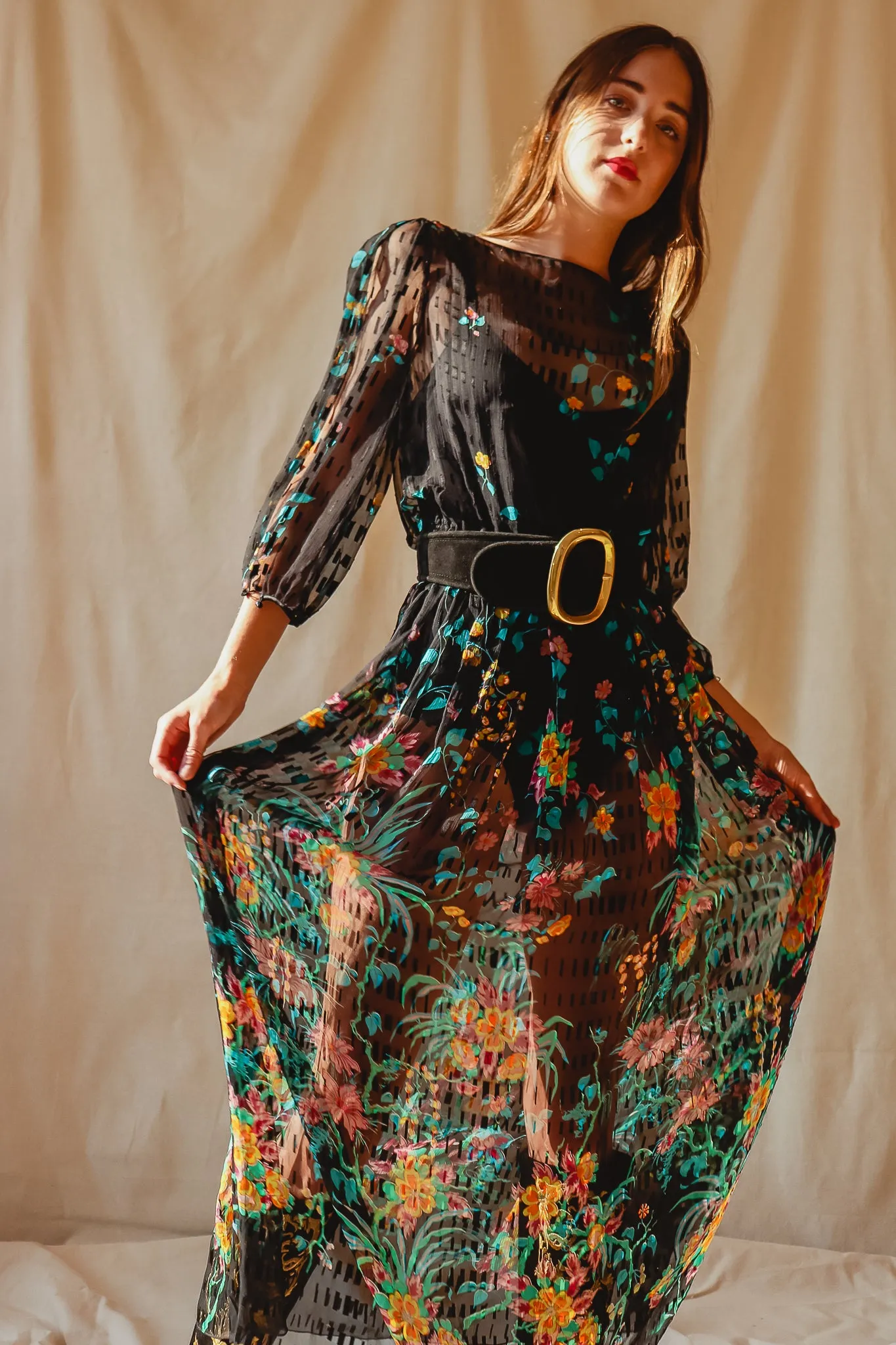 Sheer Floral Puff Sleeve Dress