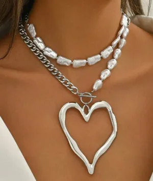 Silver Tone Pearl Heart Necklace Setv