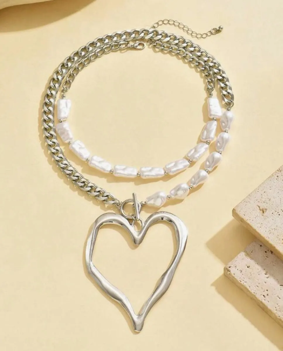 Silver Tone Pearl Heart Necklace Setv