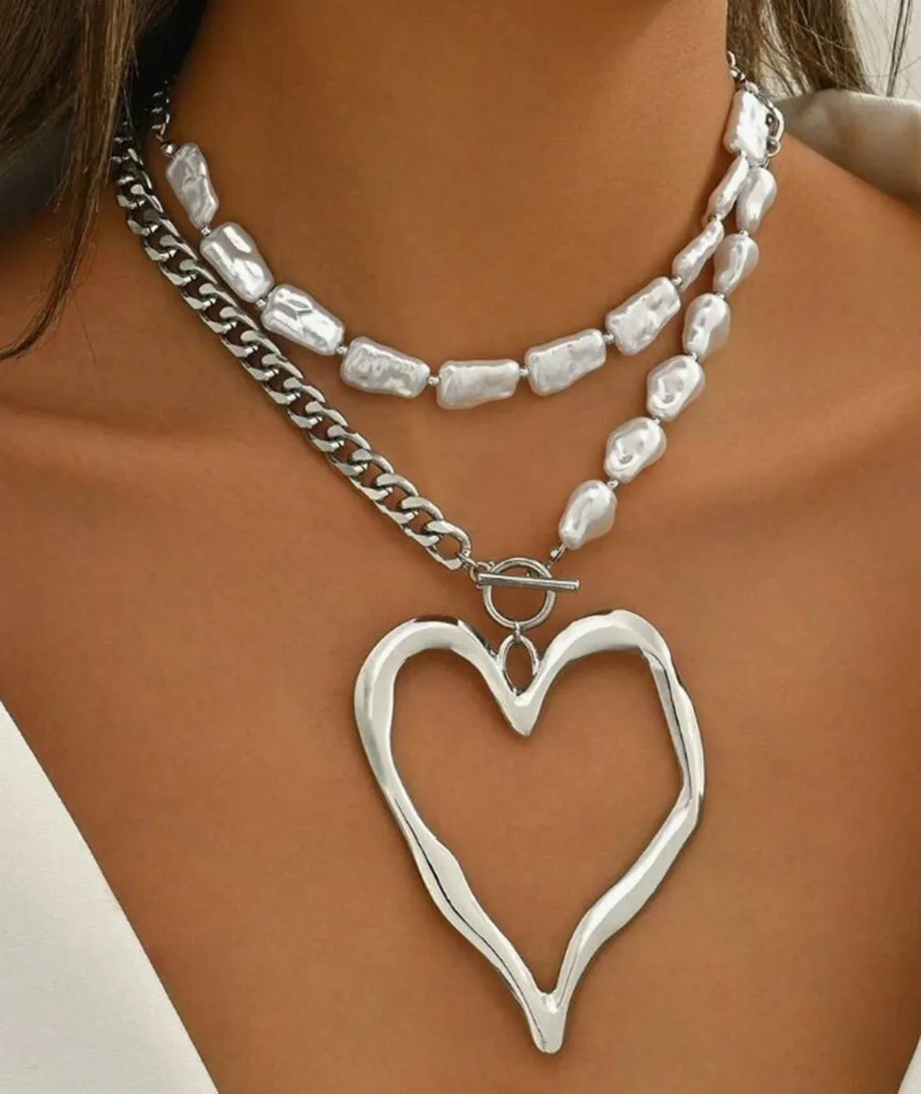 Silver Tone Pearl Heart Necklace Setv