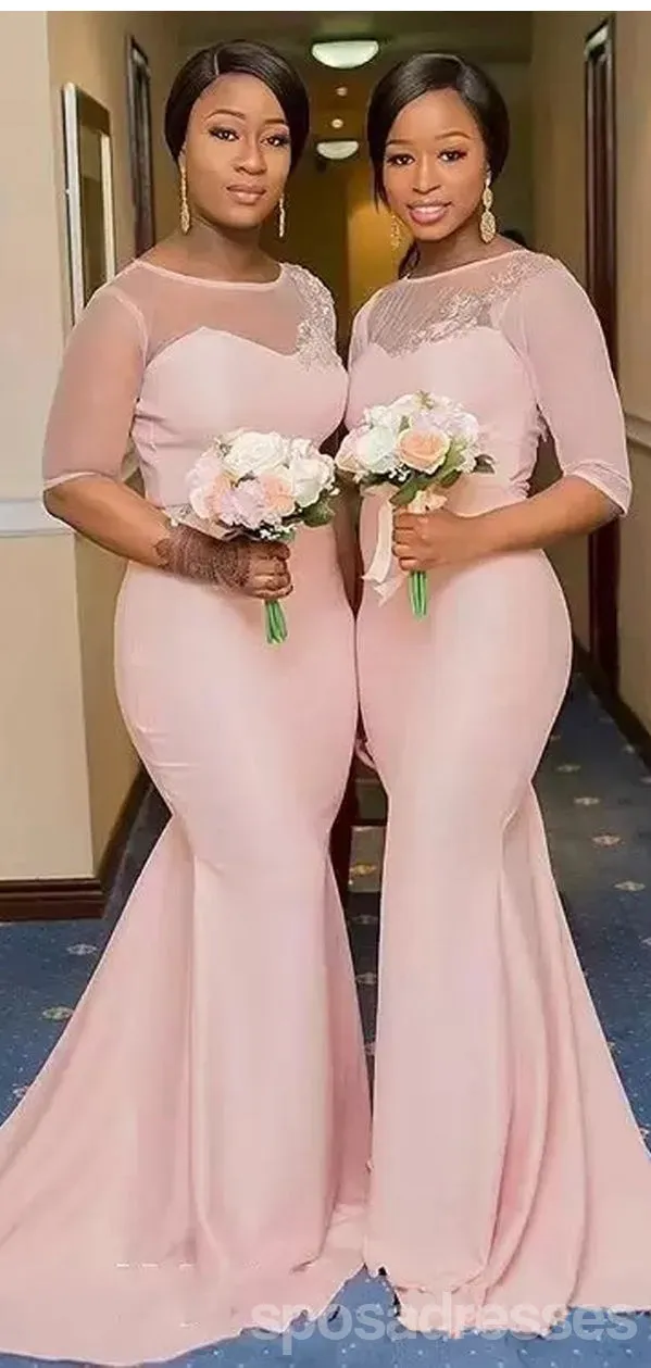 Simple Pink Mermaid Short Sleeves Jewel Cheap Long Bridesmaid Dresses,WG1310
