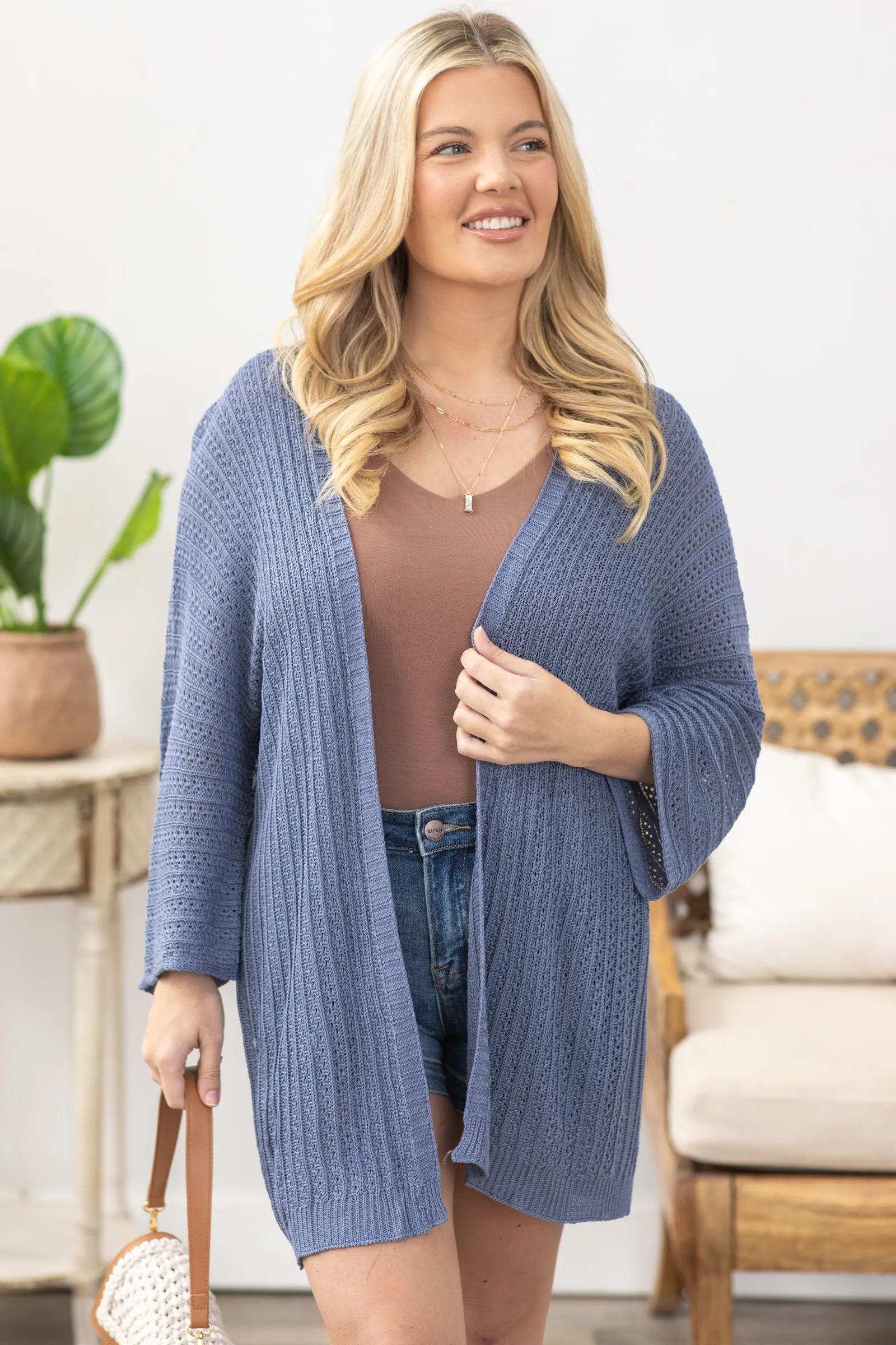 Slate Blue Lightweight Crochet Knit Cardigan