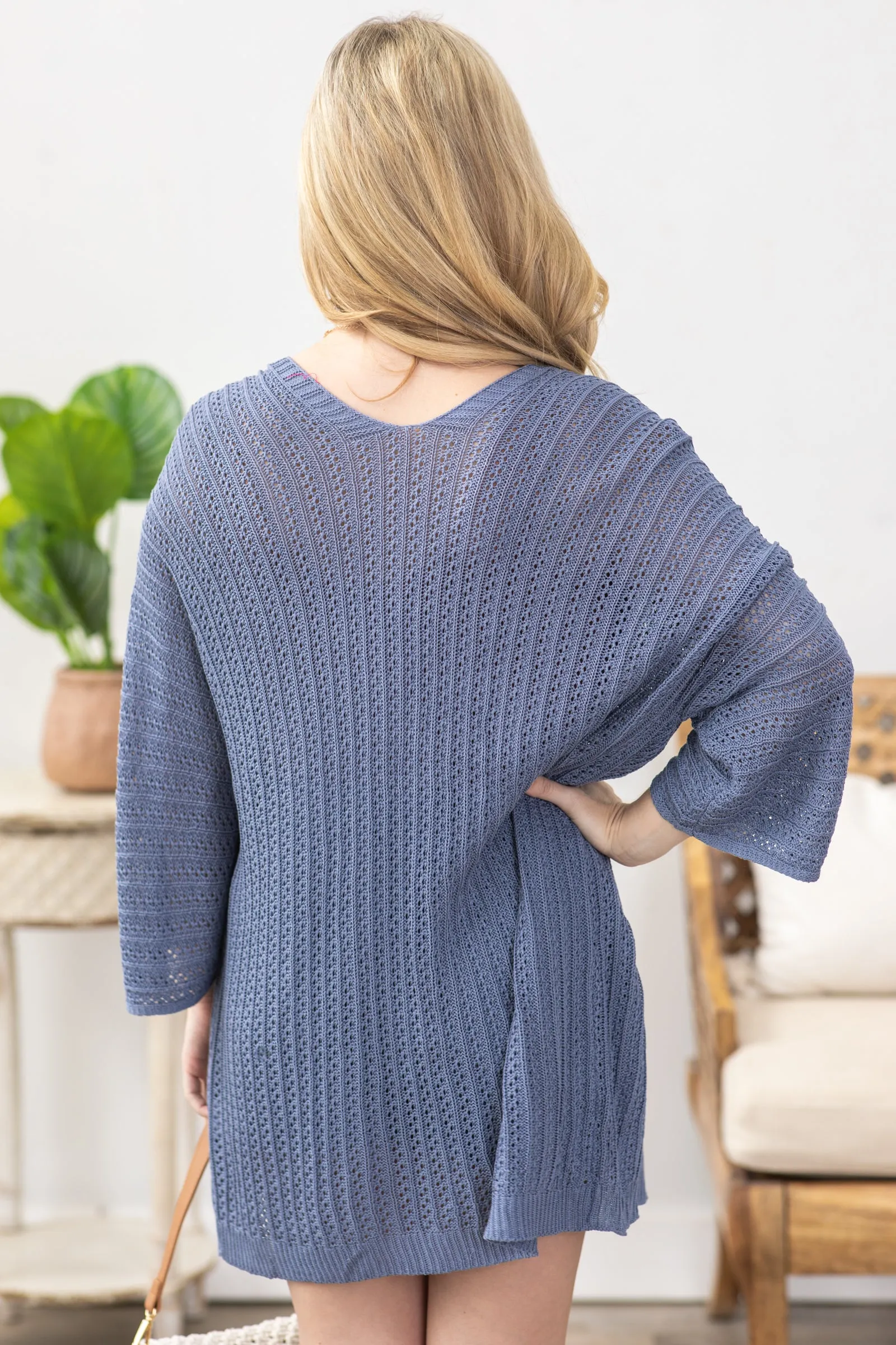 Slate Blue Lightweight Crochet Knit Cardigan
