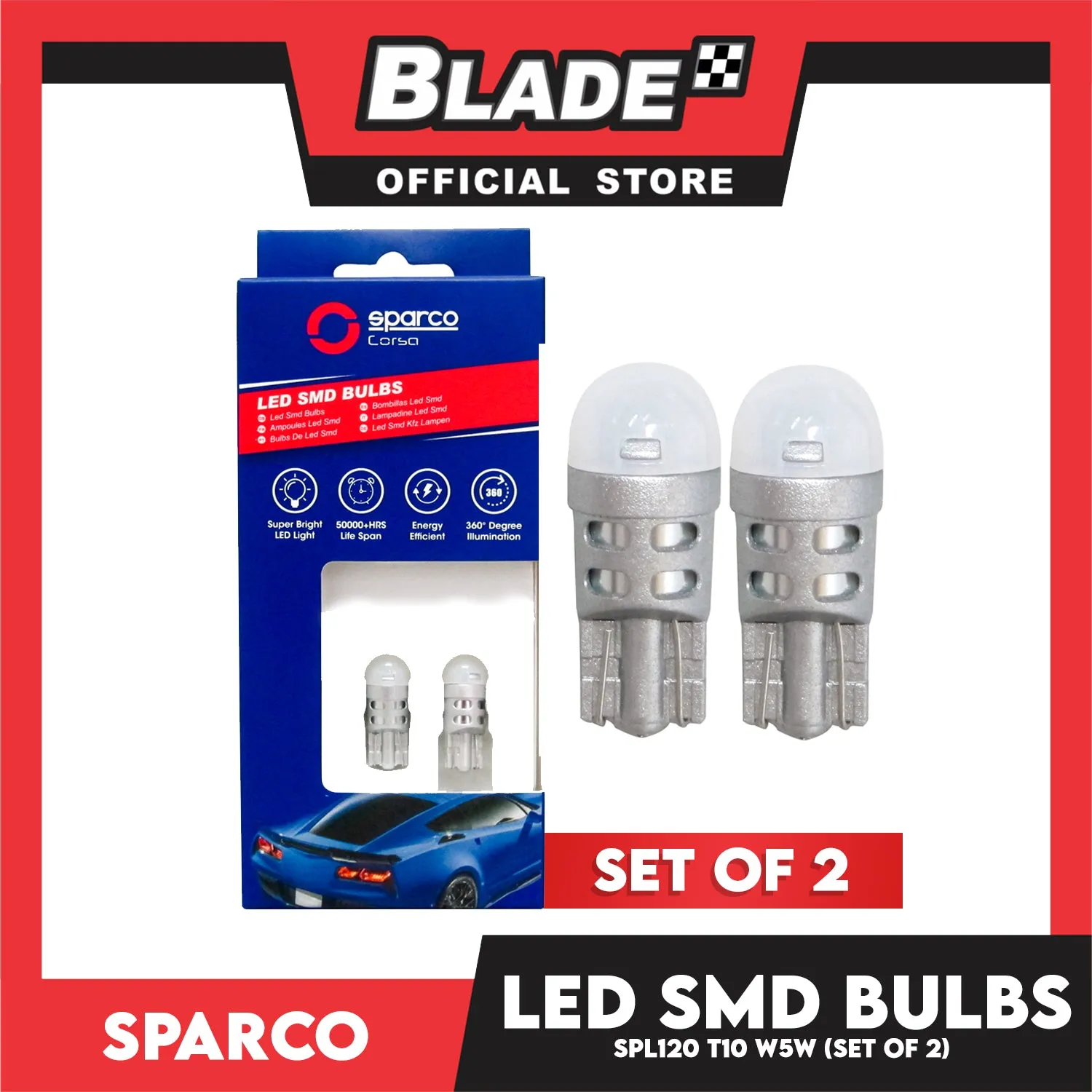 Sparco Led Smd Bulbs SPL120 T10 W5W (Set of 2) Use for Signal, Dome, Plate Number and Dashboard Light