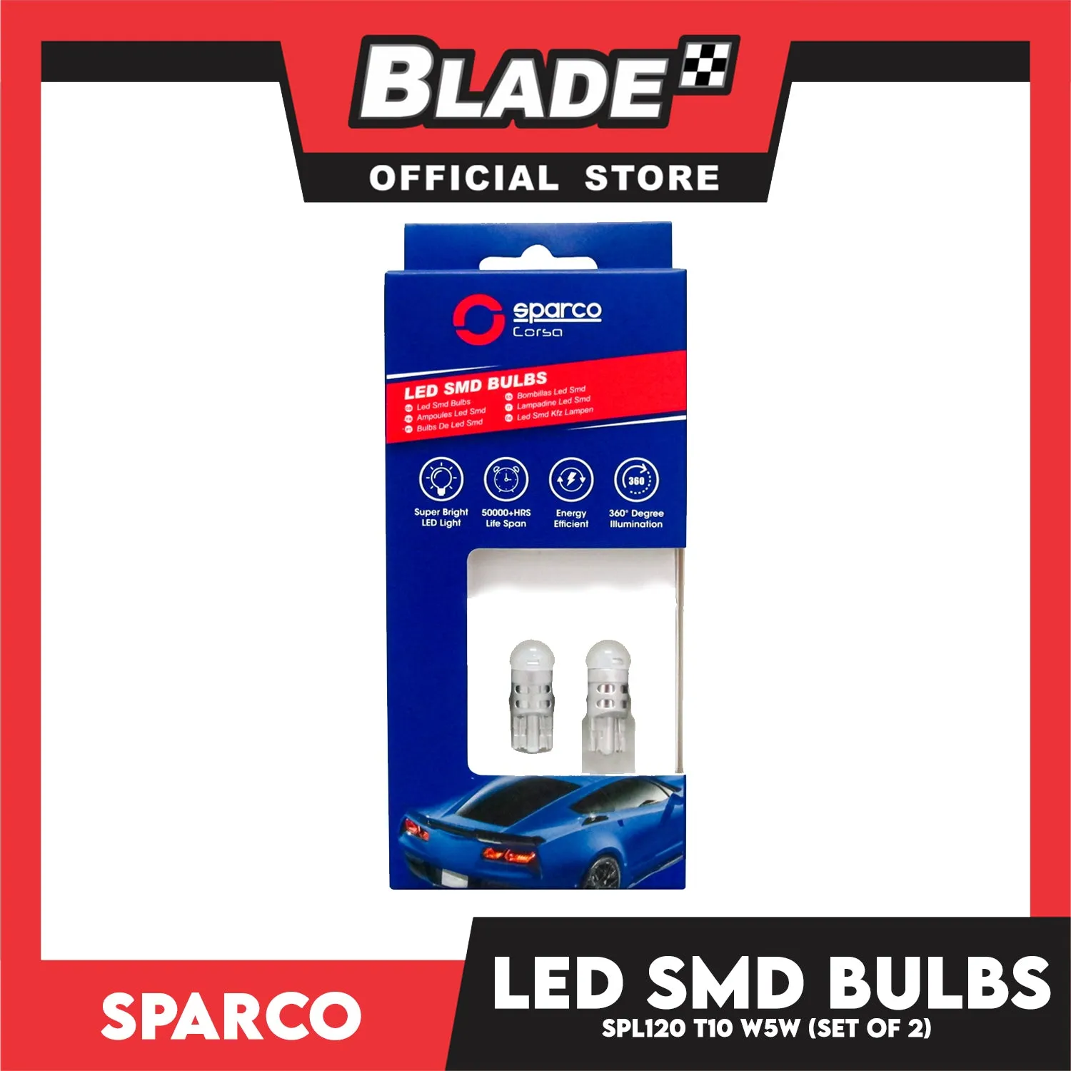 Sparco Led Smd Bulbs SPL120 T10 W5W (Set of 2) Use for Signal, Dome, Plate Number and Dashboard Light