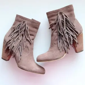 Steve Madden Pallas Taupe Suede Leather Fringe Block Heel Ankle Boots Booties
