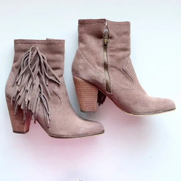 Steve Madden Pallas Taupe Suede Leather Fringe Block Heel Ankle Boots Booties