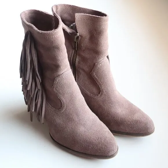 Steve Madden Pallas Taupe Suede Leather Fringe Block Heel Ankle Boots Booties