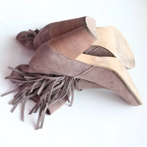 Steve Madden Pallas Taupe Suede Leather Fringe Block Heel Ankle Boots Booties