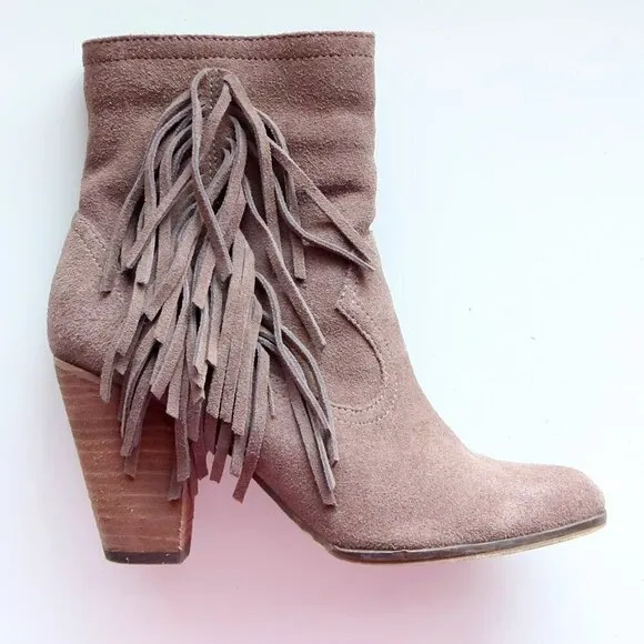 Steve Madden Pallas Taupe Suede Leather Fringe Block Heel Ankle Boots Booties