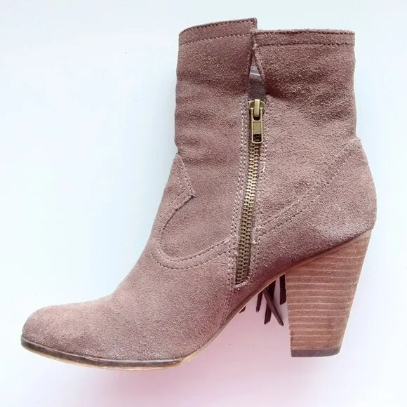 Steve Madden Pallas Taupe Suede Leather Fringe Block Heel Ankle Boots Booties