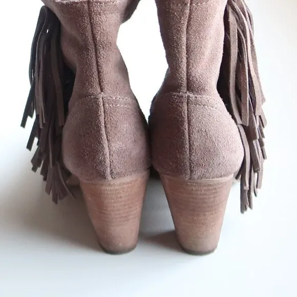 Steve Madden Pallas Taupe Suede Leather Fringe Block Heel Ankle Boots Booties
