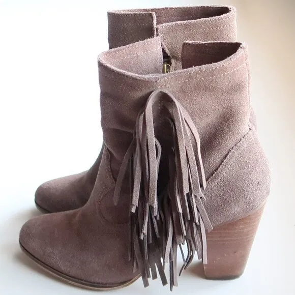 Steve Madden Pallas Taupe Suede Leather Fringe Block Heel Ankle Boots Booties