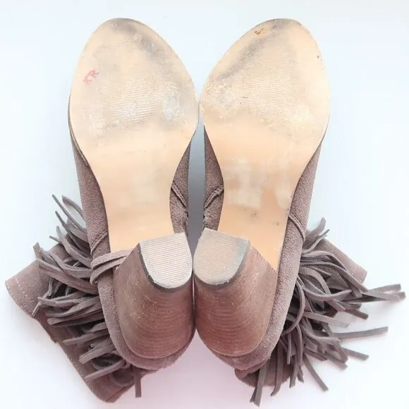 Steve Madden Pallas Taupe Suede Leather Fringe Block Heel Ankle Boots Booties