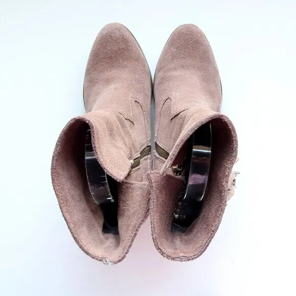 Steve Madden Pallas Taupe Suede Leather Fringe Block Heel Ankle Boots Booties