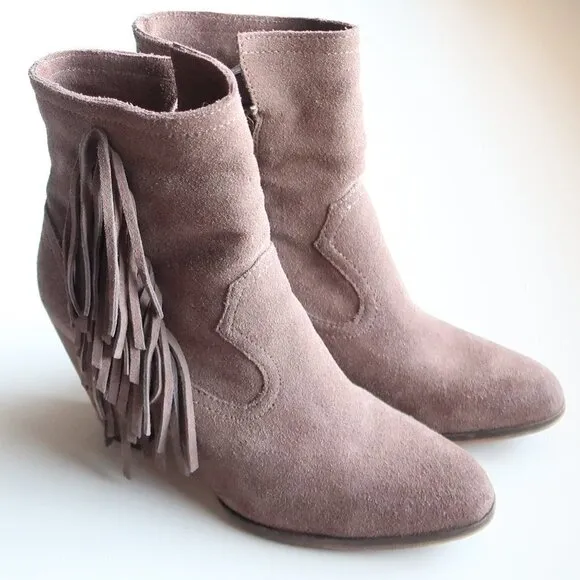 Steve Madden Pallas Taupe Suede Leather Fringe Block Heel Ankle Boots Booties