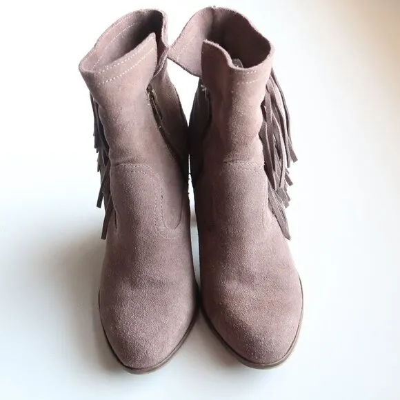 Steve Madden Pallas Taupe Suede Leather Fringe Block Heel Ankle Boots Booties
