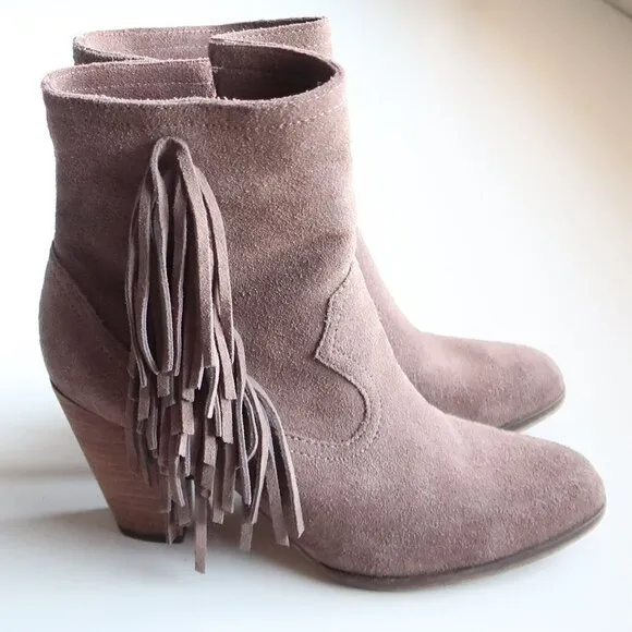 Steve Madden Pallas Taupe Suede Leather Fringe Block Heel Ankle Boots Booties