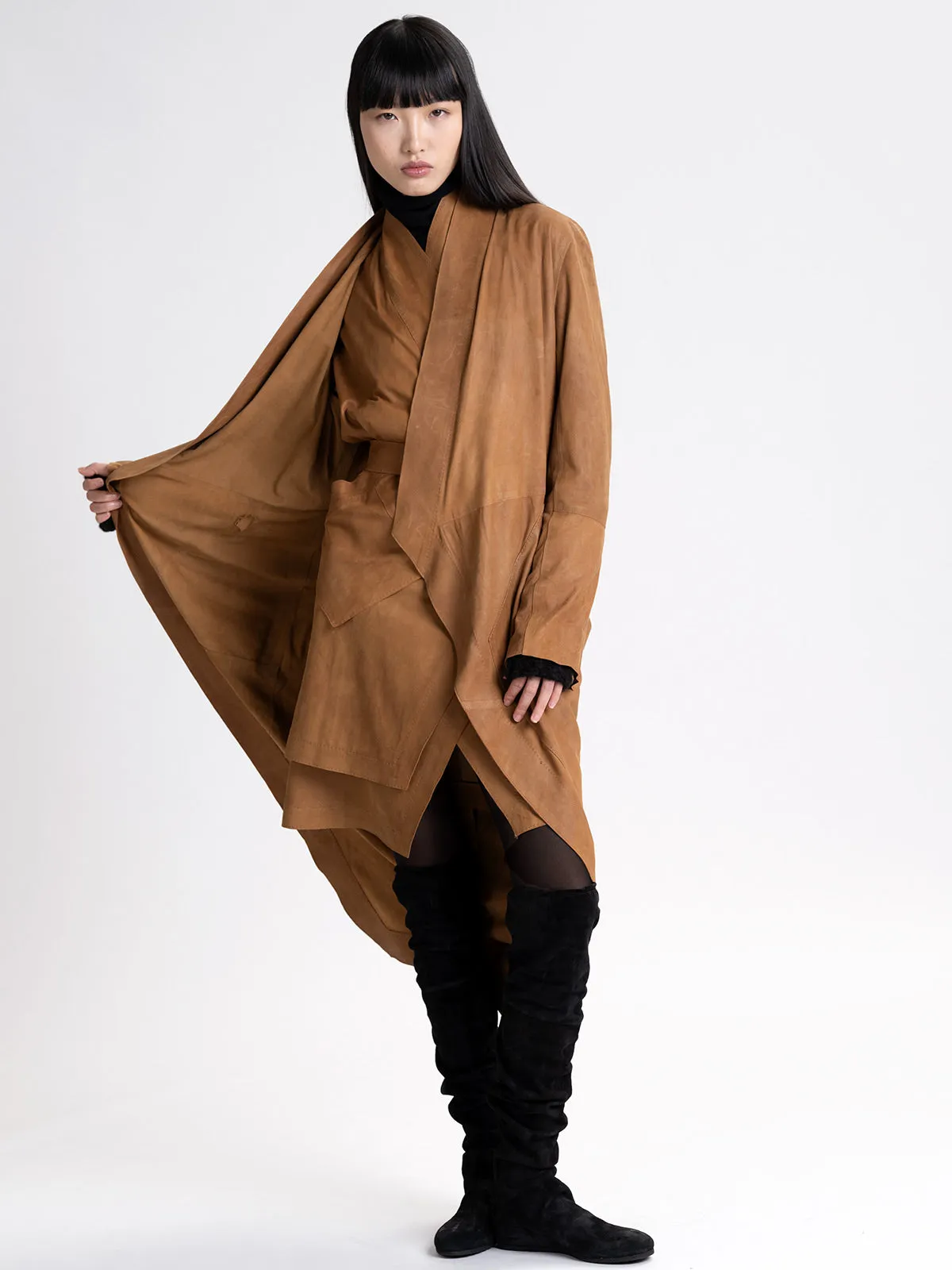 Suede High Neck Cross Over Coat