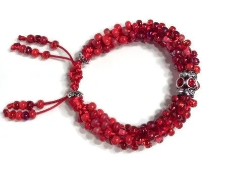 The Rubi velvet bracelet, chunky bracelet, red rubi beaded kumihimo wristlet, boho-chic style, woman size