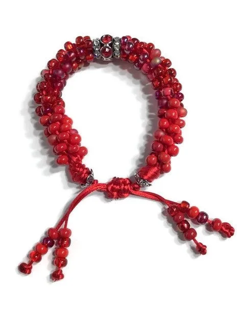 The Rubi velvet bracelet, chunky bracelet, red rubi beaded kumihimo wristlet, boho-chic style, woman size