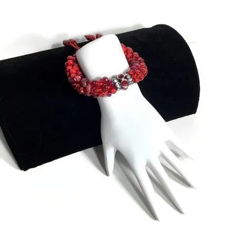 The Rubi velvet bracelet, chunky bracelet, red rubi beaded kumihimo wristlet, boho-chic style, woman size