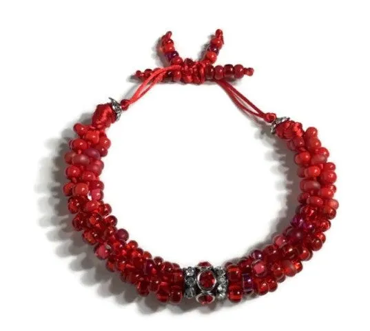The Rubi velvet bracelet, chunky bracelet, red rubi beaded kumihimo wristlet, boho-chic style, woman size