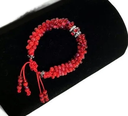 The Rubi velvet bracelet, chunky bracelet, red rubi beaded kumihimo wristlet, boho-chic style, woman size