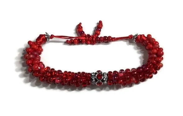 The Rubi velvet bracelet, chunky bracelet, red rubi beaded kumihimo wristlet, boho-chic style, woman size