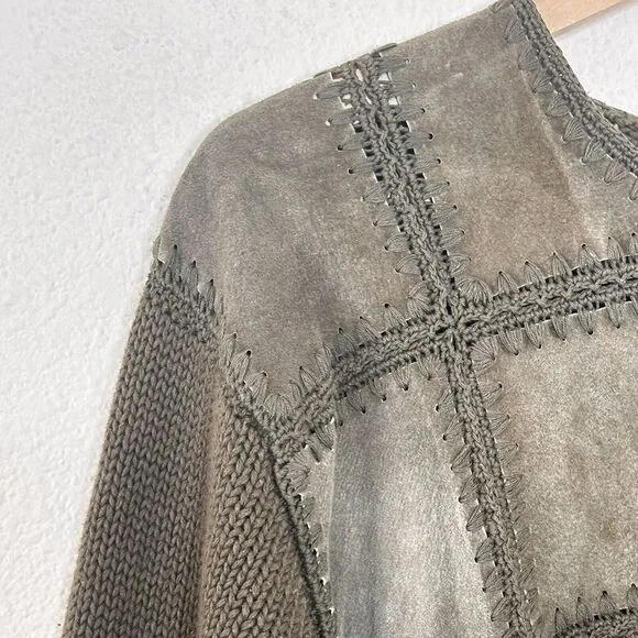 Vintage Eagles Eye Womens Sweater Cardigan XL Boho Embroidered Suede Crochet