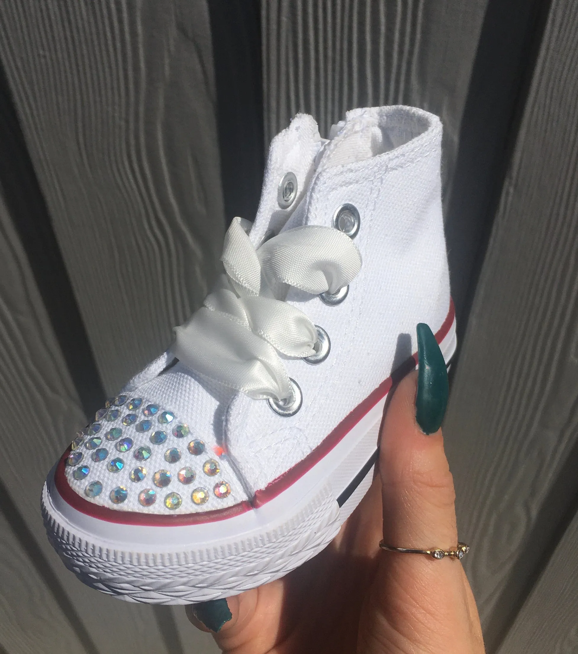 White converse style boots with diamanté detail