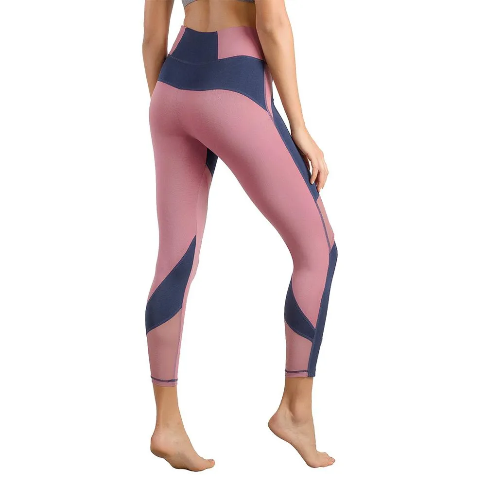 Womens Running Tights Mid-Waist 3/4 Length Tummy Control Mesh Leggings