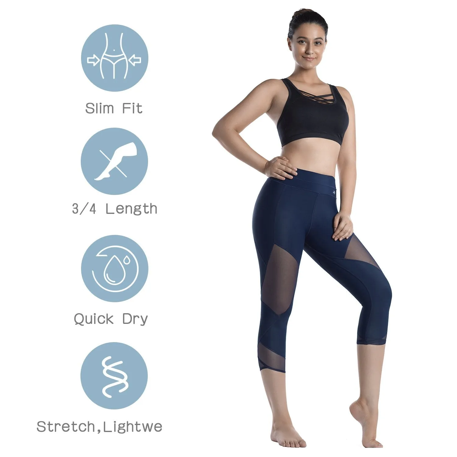 Womens Running Tights Mid-Waist 3/4 Length Tummy Control Mesh Leggings
