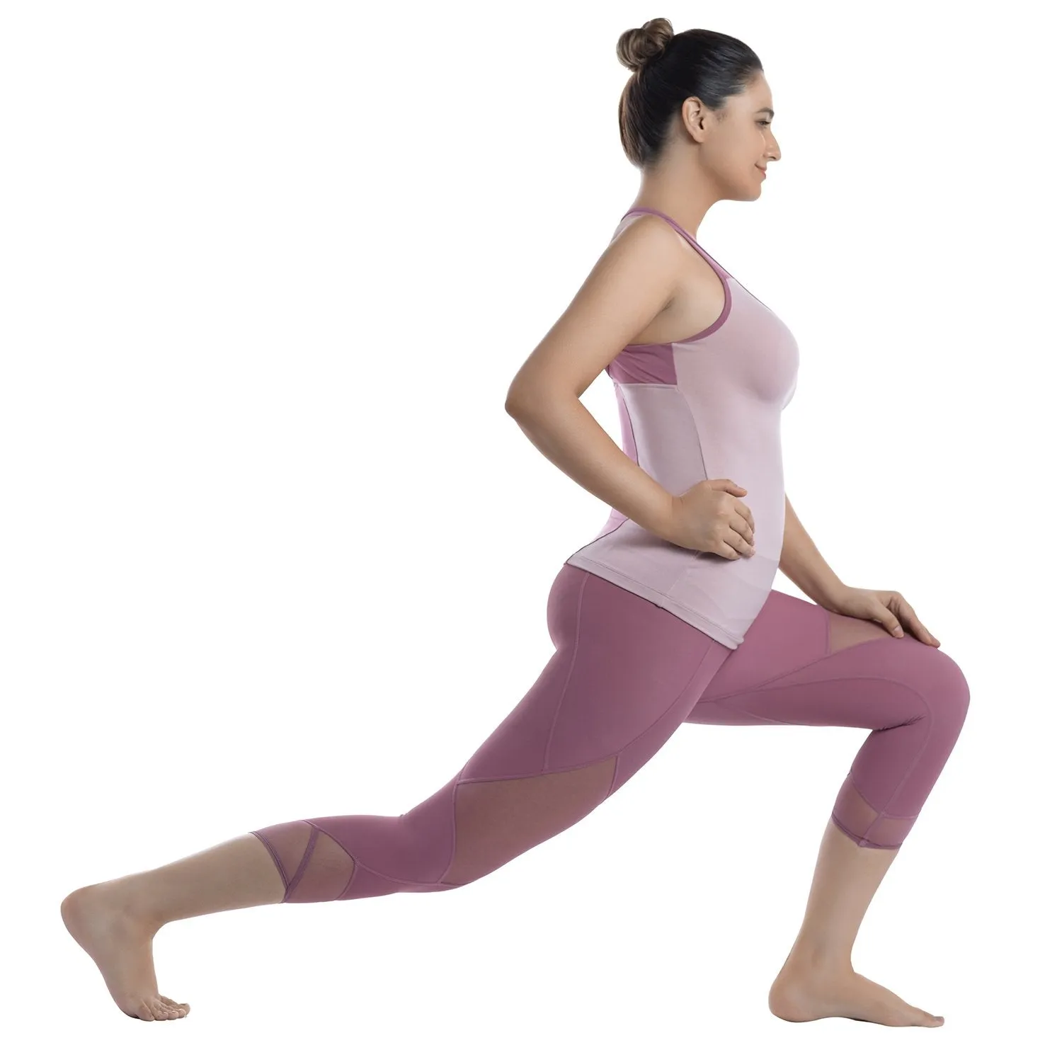 Womens Running Tights Mid-Waist 3/4 Length Tummy Control Mesh Leggings