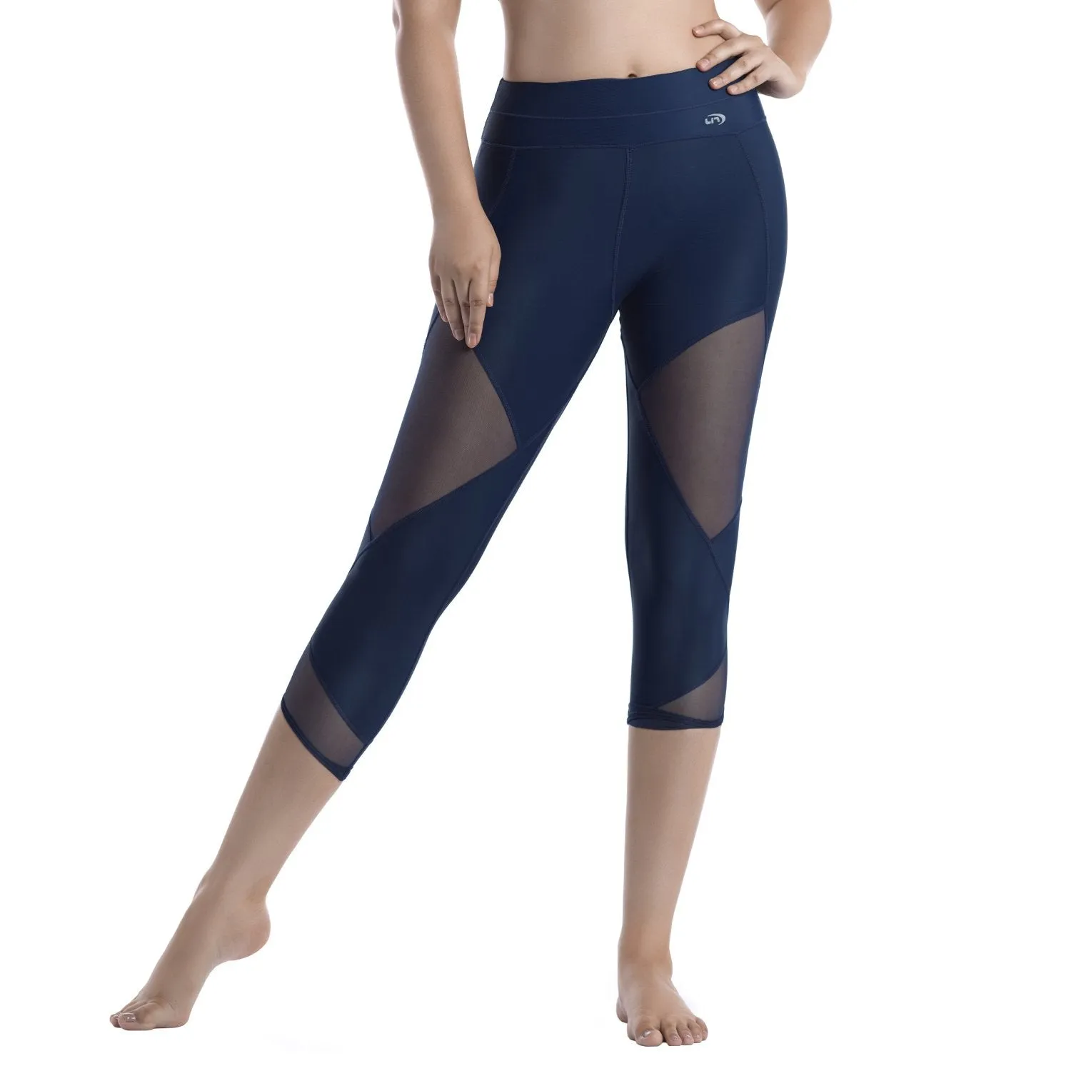Womens Running Tights Mid-Waist 3/4 Length Tummy Control Mesh Leggings