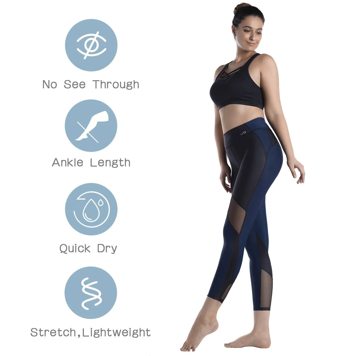 Womens Running Tights Mid-Waist 3/4 Length Tummy Control Mesh Leggings