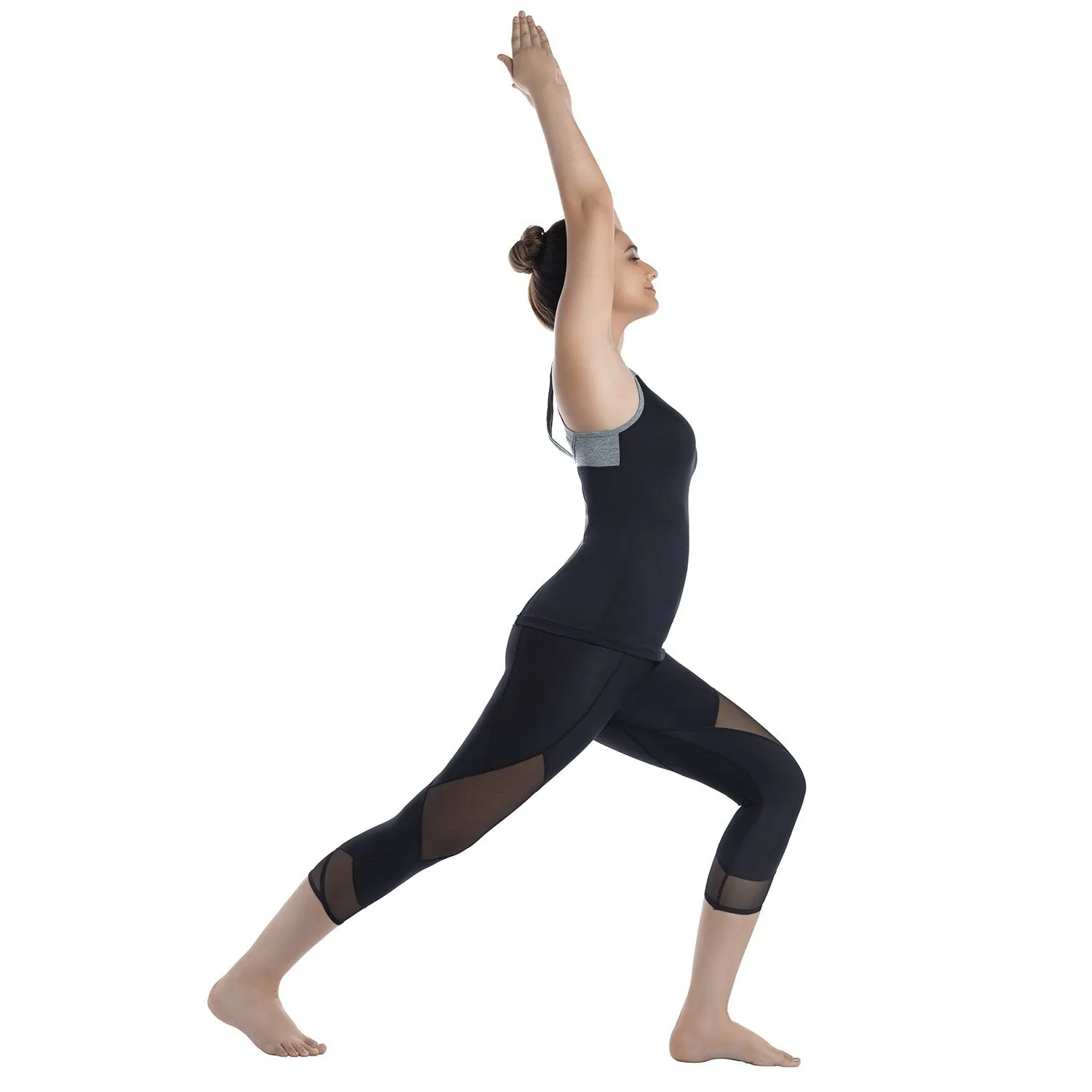 Womens Running Tights Mid-Waist 3/4 Length Tummy Control Mesh Leggings