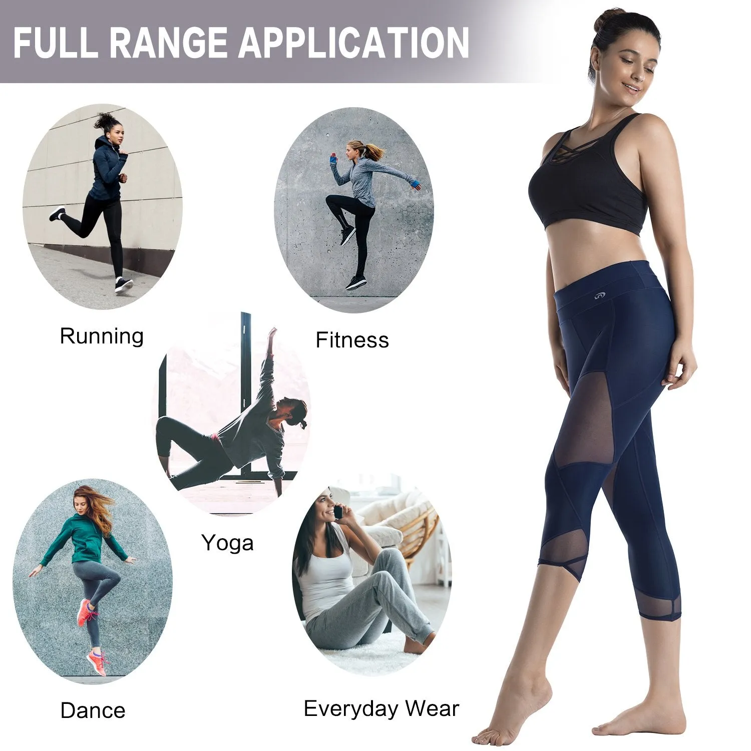 Womens Running Tights Mid-Waist 3/4 Length Tummy Control Mesh Leggings