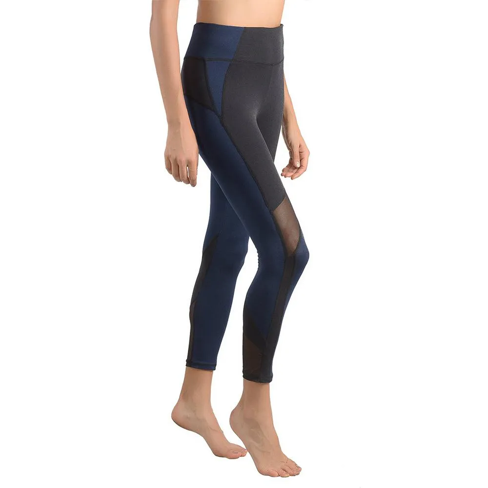 Womens Running Tights Mid-Waist 3/4 Length Tummy Control Mesh Leggings