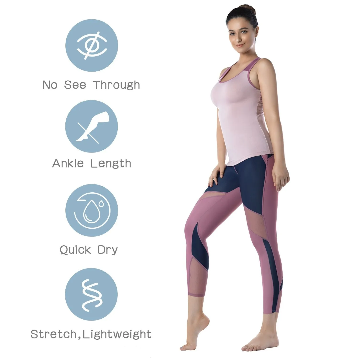 Womens Running Tights Mid-Waist 3/4 Length Tummy Control Mesh Leggings