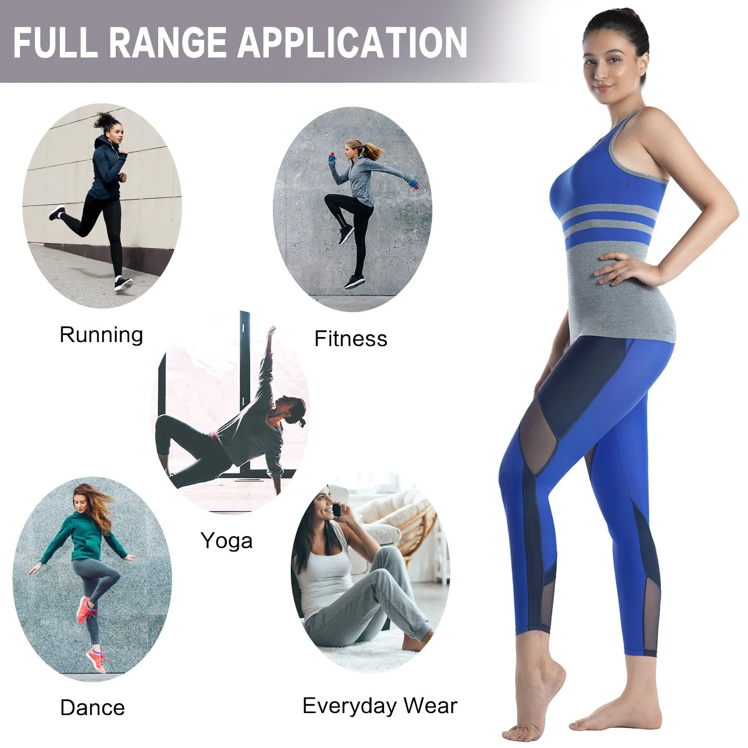 Womens Running Tights Mid-Waist 3/4 Length Tummy Control Mesh Leggings