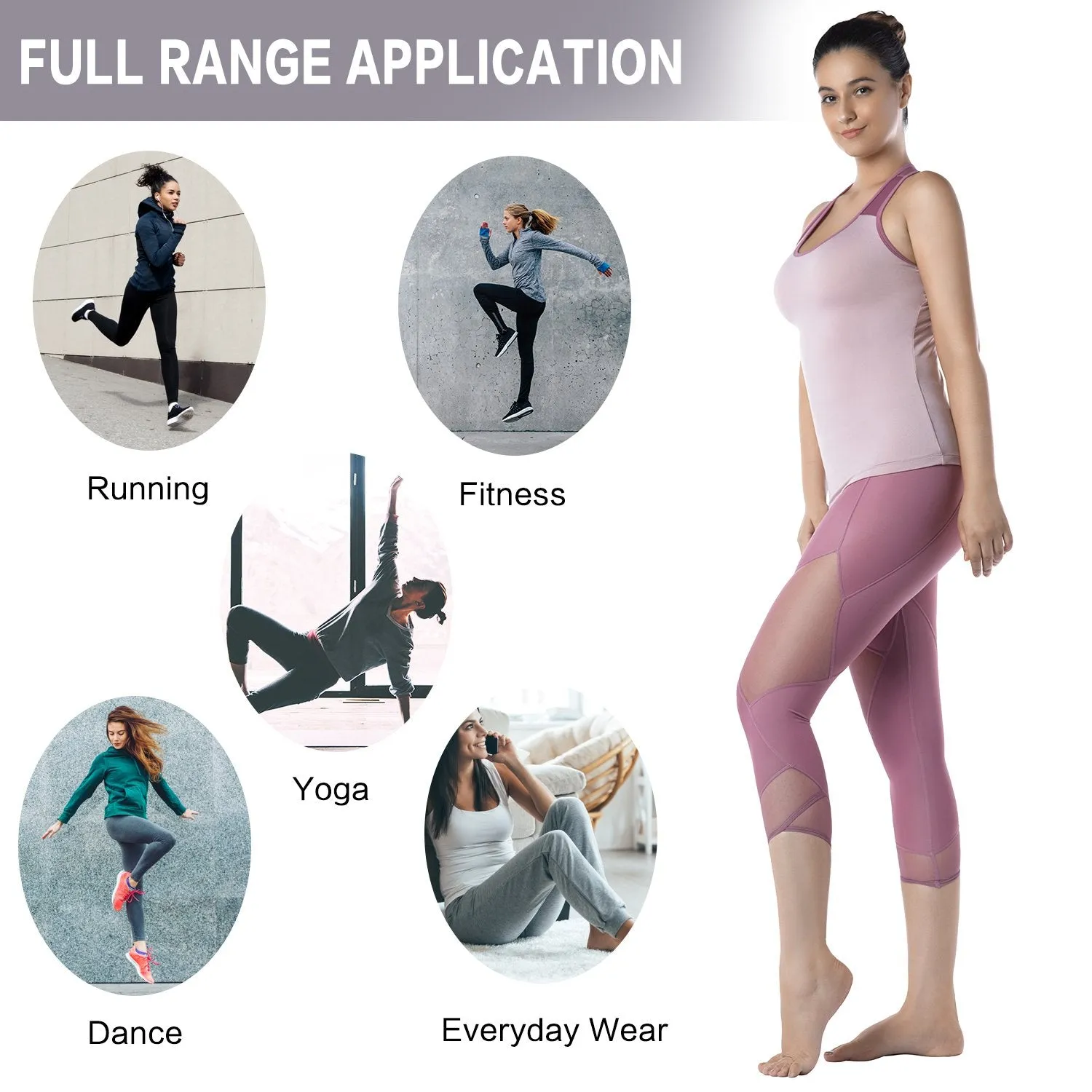 Womens Running Tights Mid-Waist 3/4 Length Tummy Control Mesh Leggings