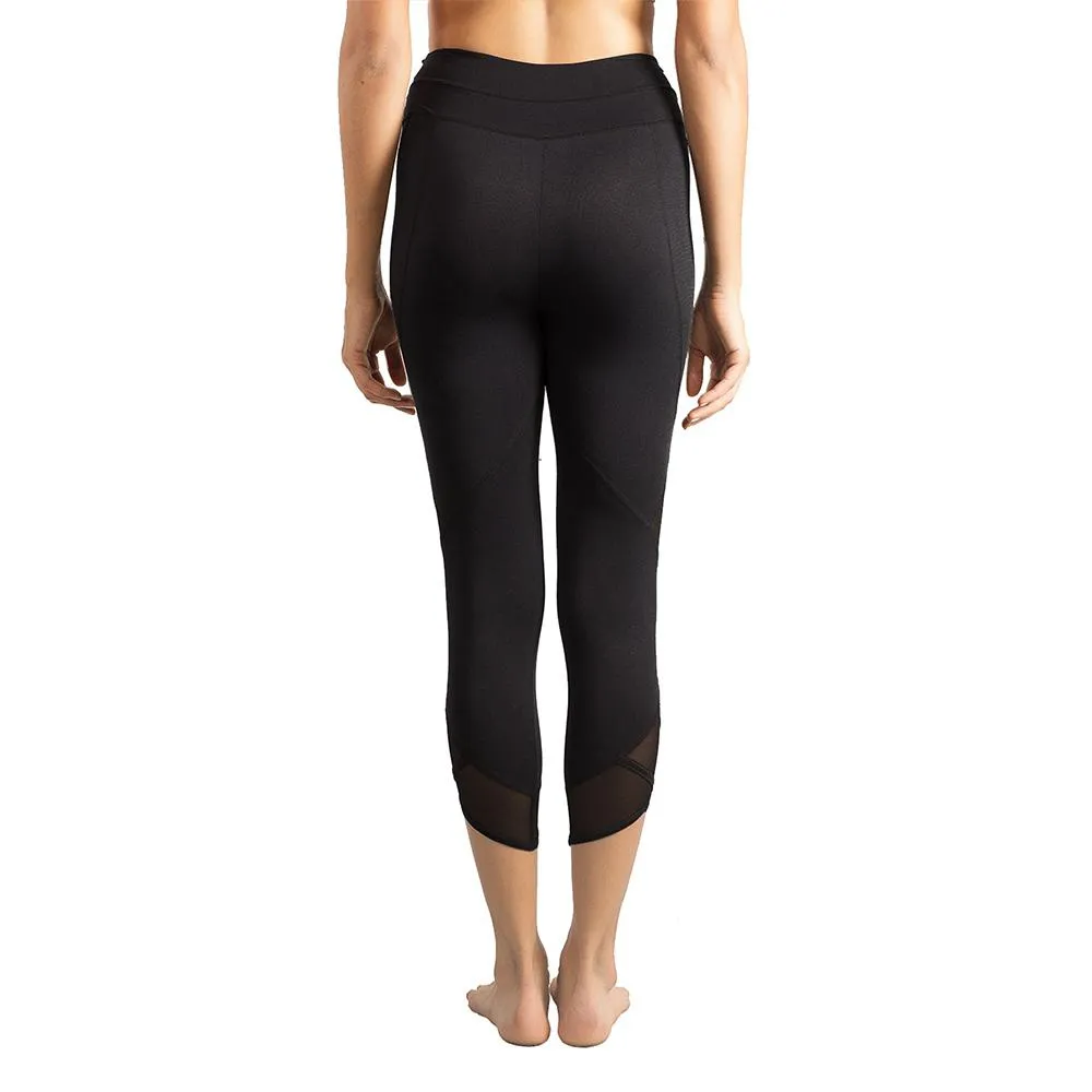 Womens Running Tights Mid-Waist 3/4 Length Tummy Control Mesh Leggings
