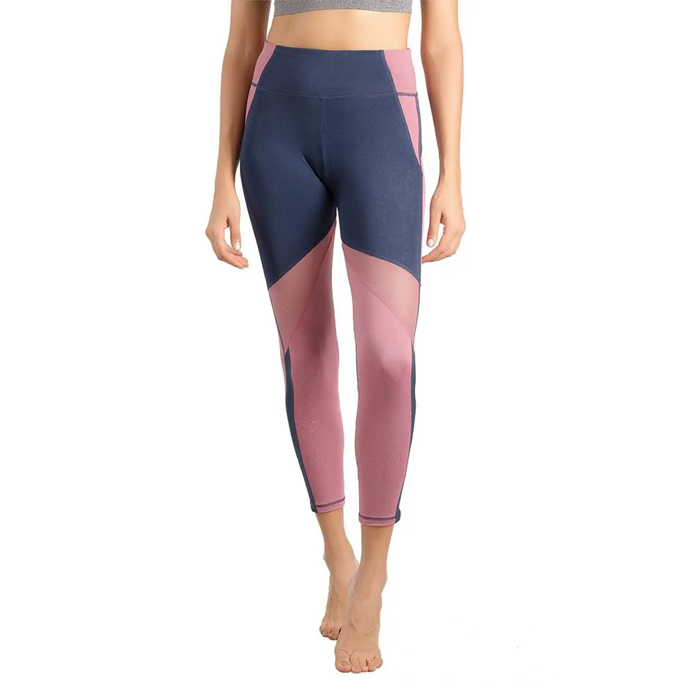 Womens Running Tights Mid-Waist 3/4 Length Tummy Control Mesh Leggings