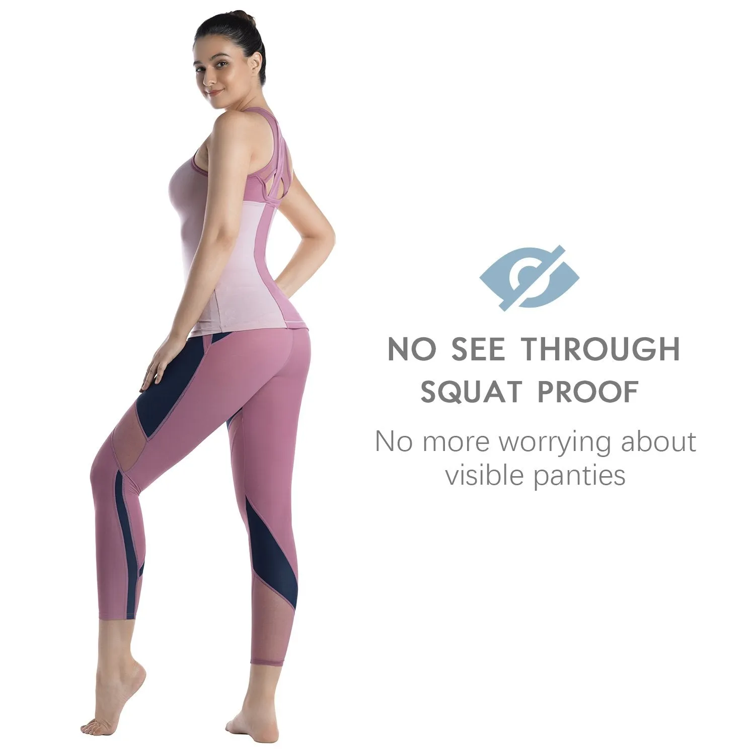 Womens Running Tights Mid-Waist 3/4 Length Tummy Control Mesh Leggings