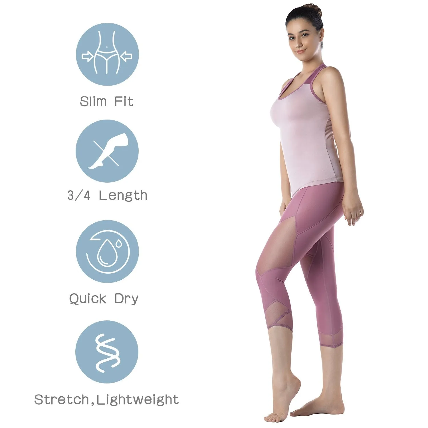 Womens Running Tights Mid-Waist 3/4 Length Tummy Control Mesh Leggings