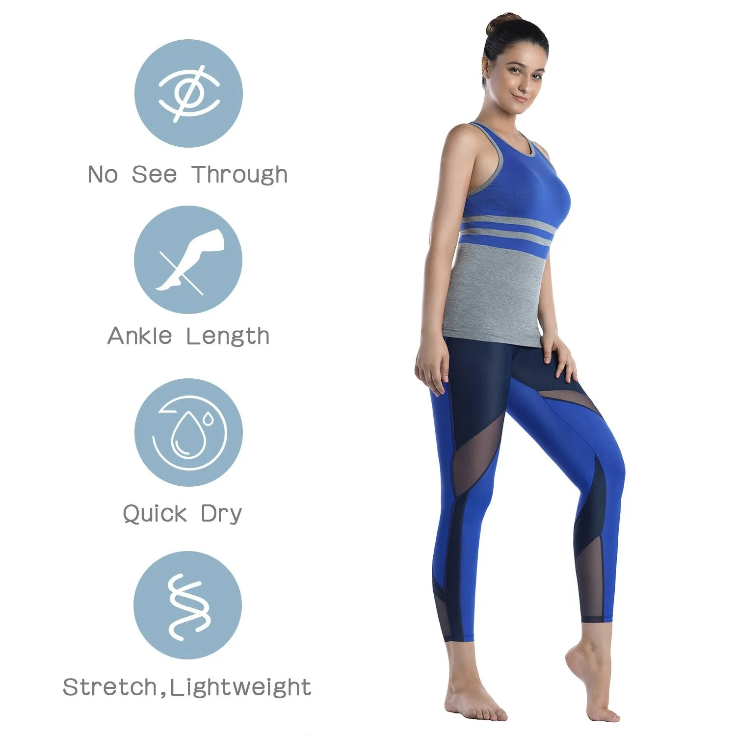Womens Running Tights Mid-Waist 3/4 Length Tummy Control Mesh Leggings